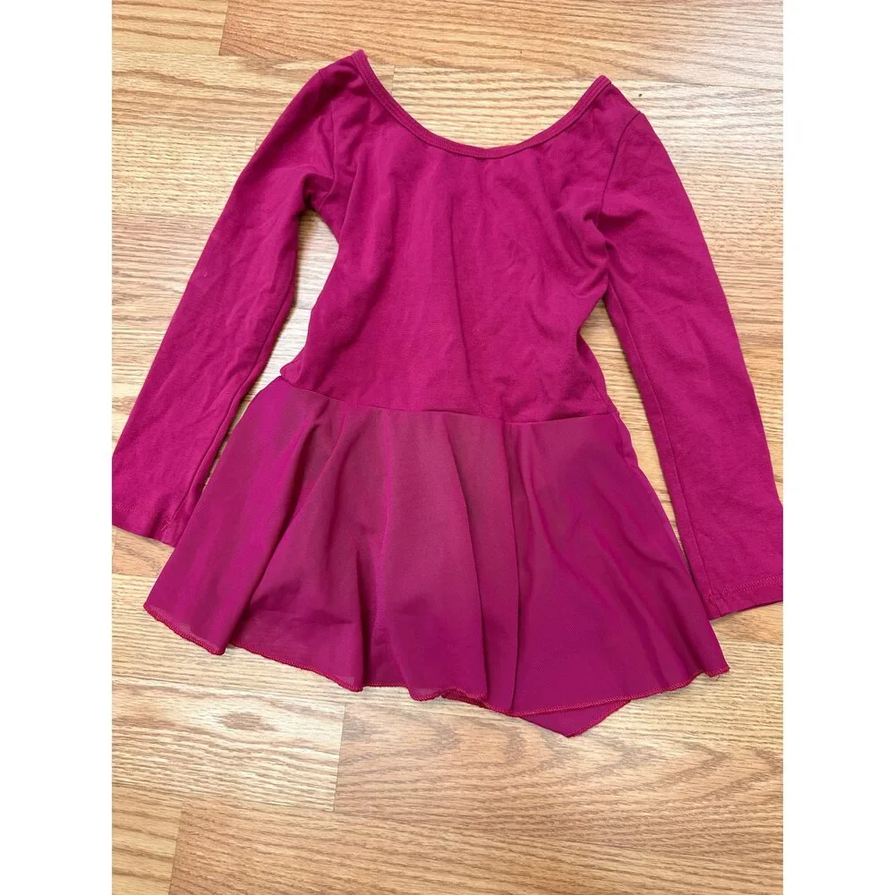 Pre-Owned Dance Leotard Dress Small Child Plum Pink Long Sleeve Cross Back Ball